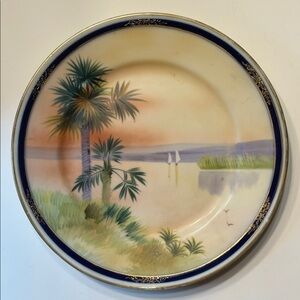 Nippon Hand Painted Decorative Porcelain Plate Water Scene Palm Trees Sunset Vtg